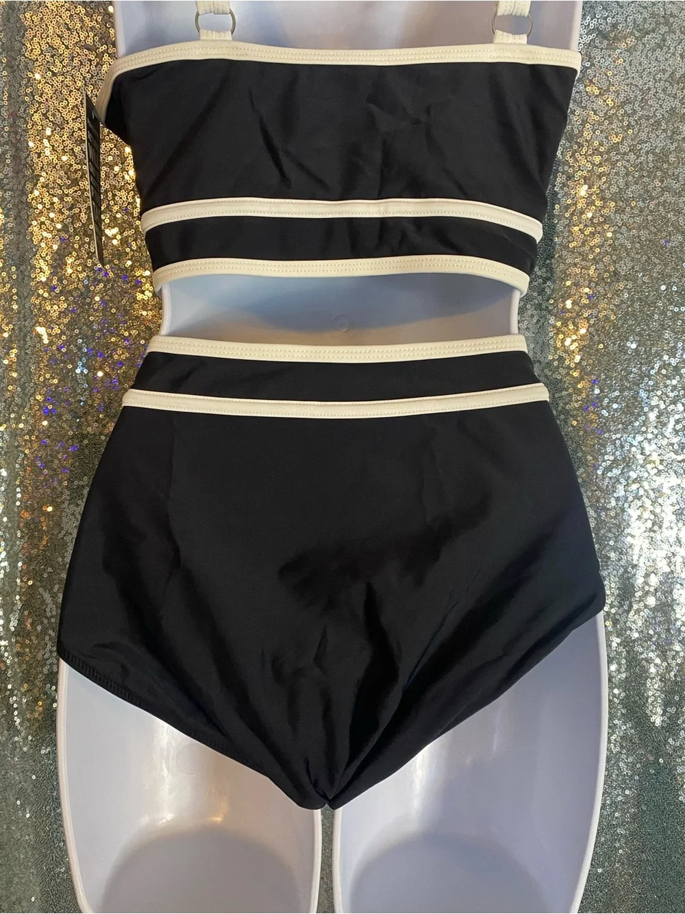 BMJL NWT Two-Piece Cutout Bikini Set | Black & Cream Contrast Trim | Size Large